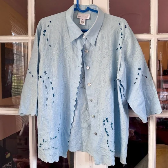 Susan Graver linen blend Blazer light blue cottagecore cutout eyelet embroidery - Picture 1 of 12